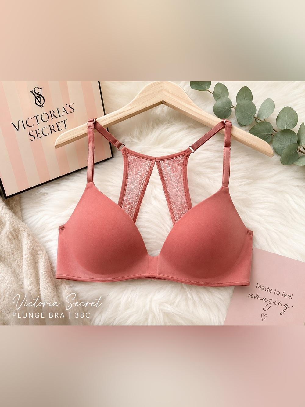 Victoria’s Secret Rose Wireless Plunge Bra | Lace Racerback | 38C